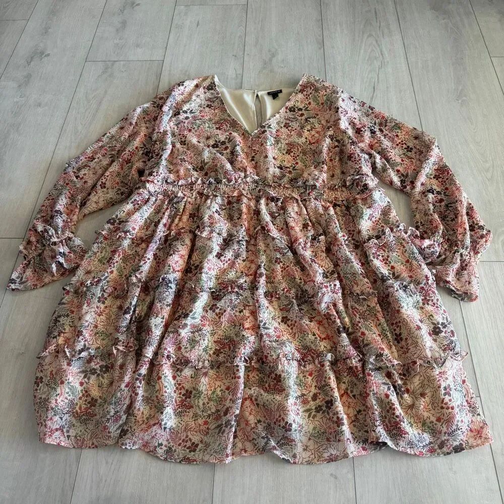 Torrid Floral Chiffon Tiered Ruffle Bell Sleeve Mini Dress Size 3 Lined Boho